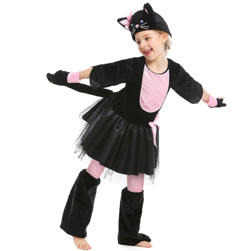 Halloween costume, animal character costume, cosplay, black and pink cat with bow, children's performance costume