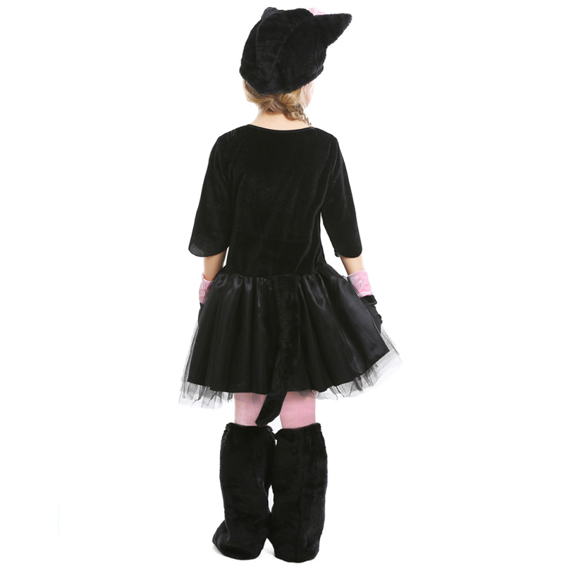 Halloween costume, animal character costume, cosplay, black and pink cat with bow, children's performance costume