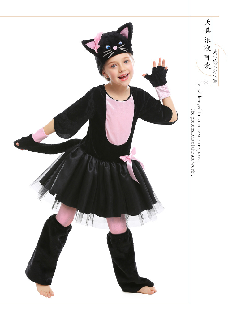 Halloween costume, animal character costume, cosplay, black and pink cat with bow, children's performance costume