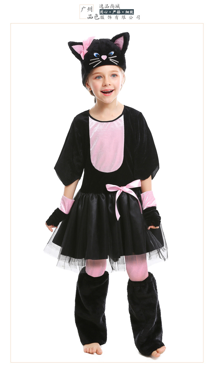 Halloween costume, animal character costume, cosplay, black and pink cat with bow, children's performance costume