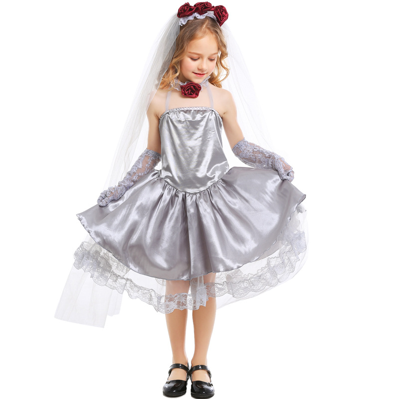 Halloween children's cosplay ghost bride silver-gray dress masquerade performance