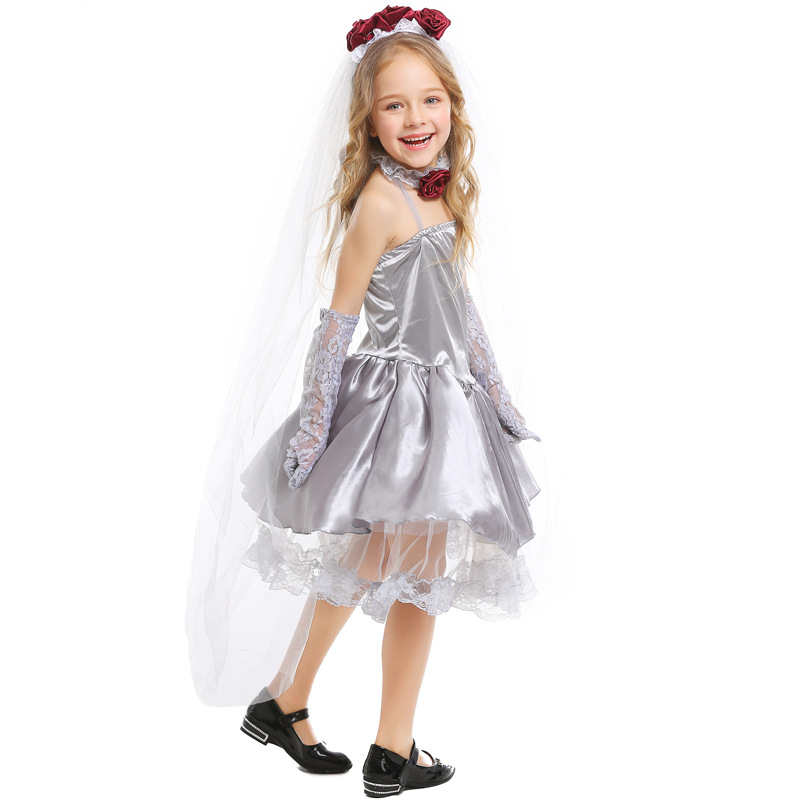 Halloween children's cosplay ghost bride silver-gray dress masquerade performance