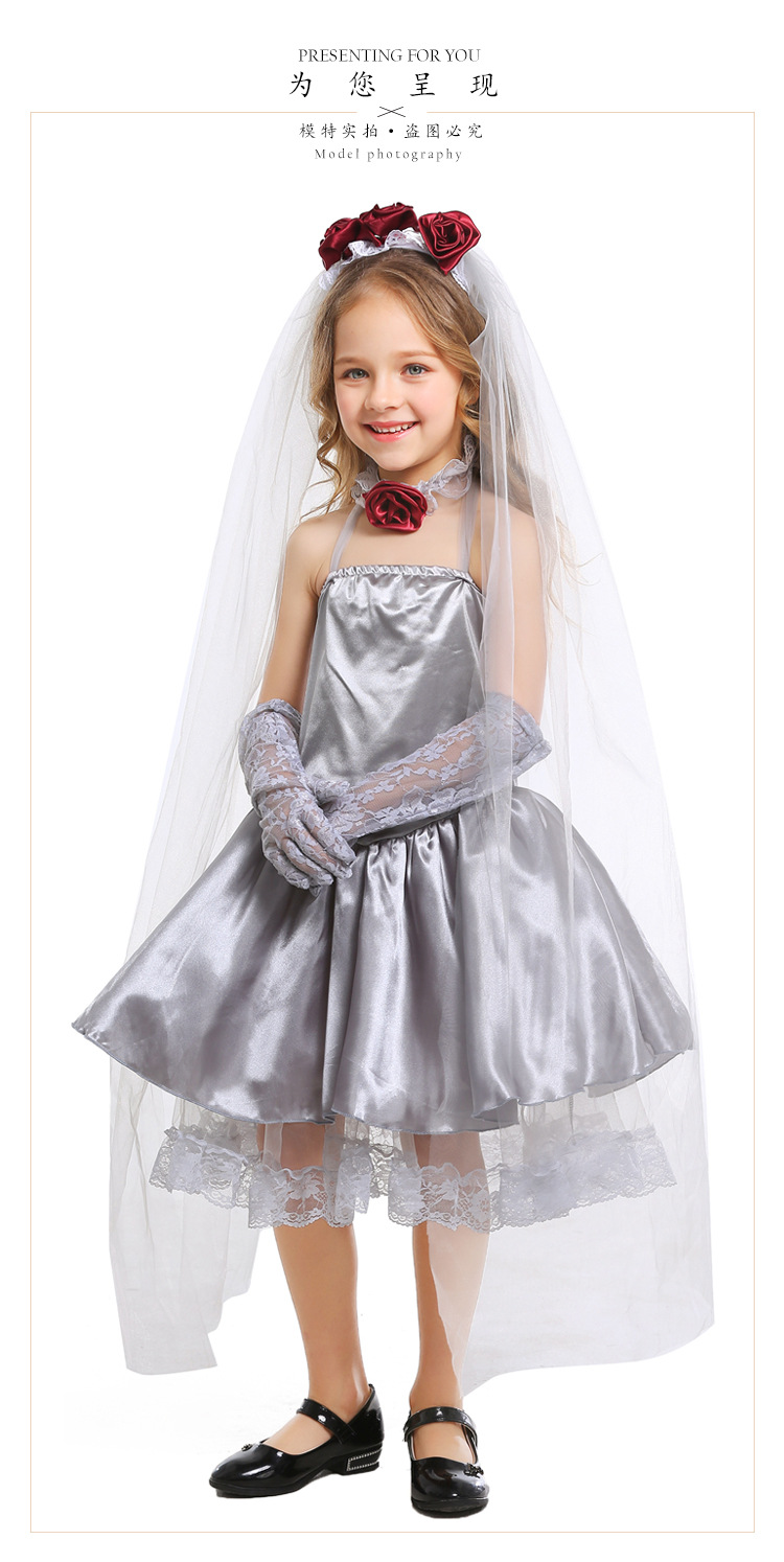Halloween children's cosplay ghost bride silver-gray dress masquerade performance