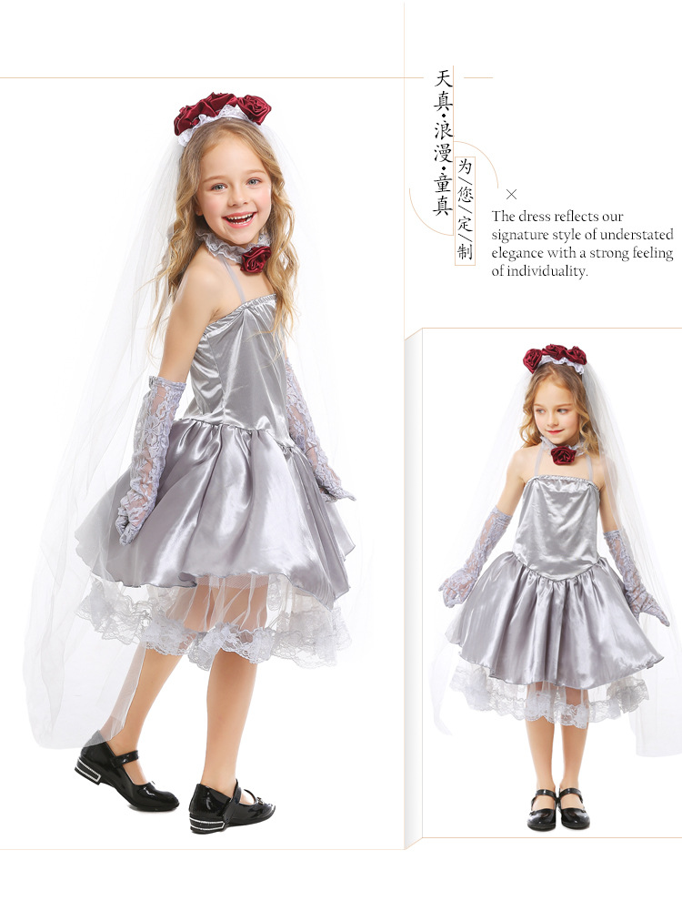 Halloween children's cosplay ghost bride silver-gray dress masquerade performance