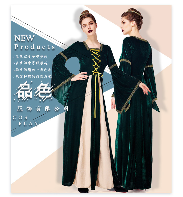 Retro European medieval costume, dark green aristocratic court dress, Halloween costume, adult stage performance costume.