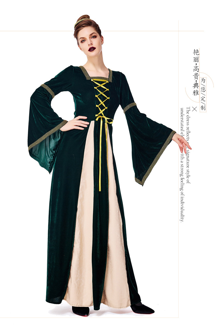 Retro European medieval costume, dark green aristocratic court dress, Halloween costume, adult stage performance costume.