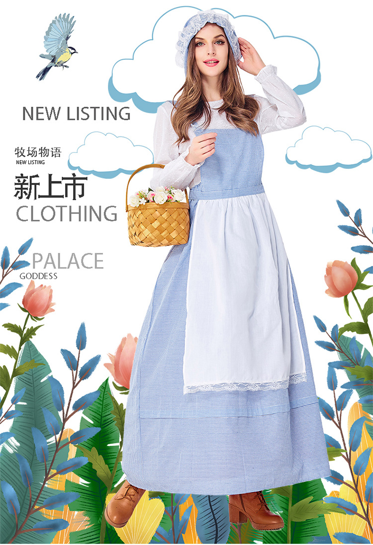 European pastoral style maid dress, retro farm-themed photo shoot/performance costume, in stock, multiple sizes available.