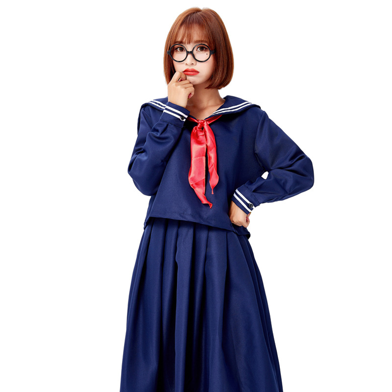 Retro sailor collar long-sleeved suit with red bow tie, long pleated skirt, suitable for campus stage performances.