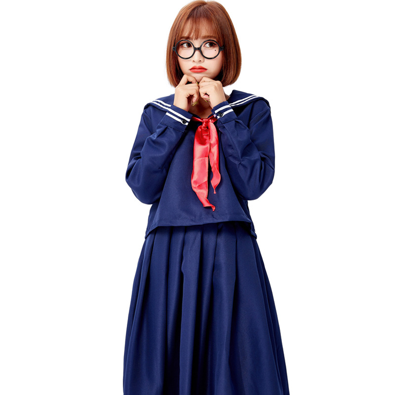 Retro sailor collar long-sleeved suit with red bow tie, long pleated skirt, suitable for campus stage performances.