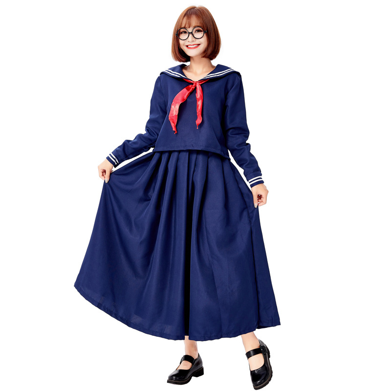 Retro sailor collar long-sleeved suit with red bow tie, long pleated skirt, suitable for campus stage performances.