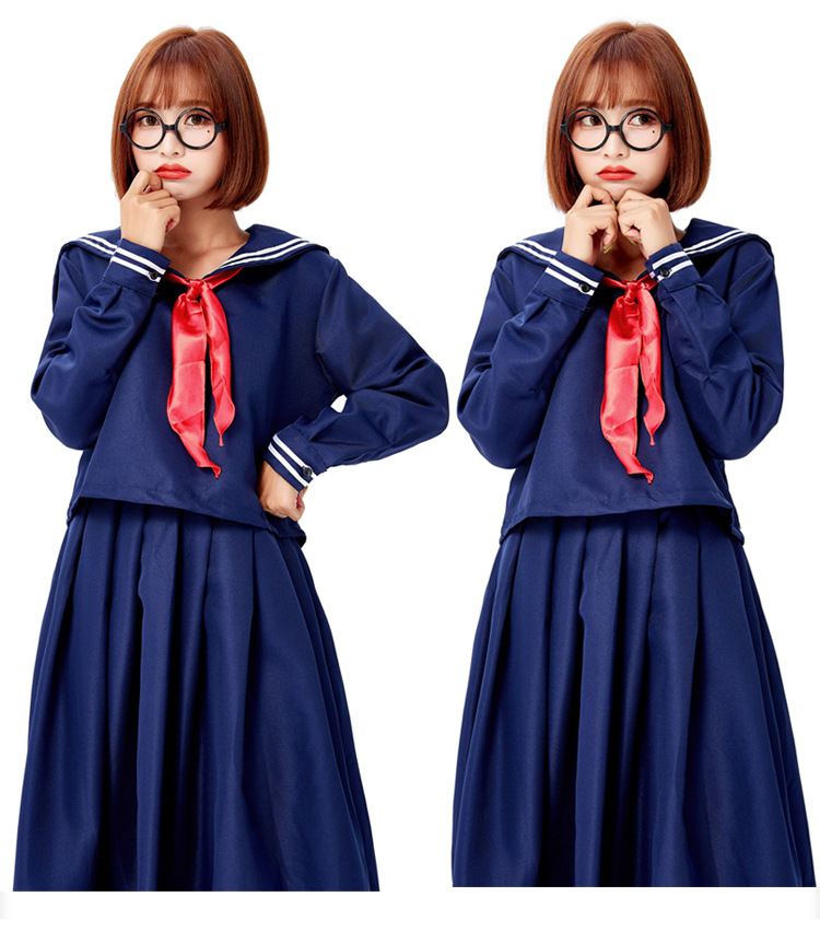 Retro sailor collar long-sleeved suit with red bow tie, long pleated skirt, suitable for campus stage performances.