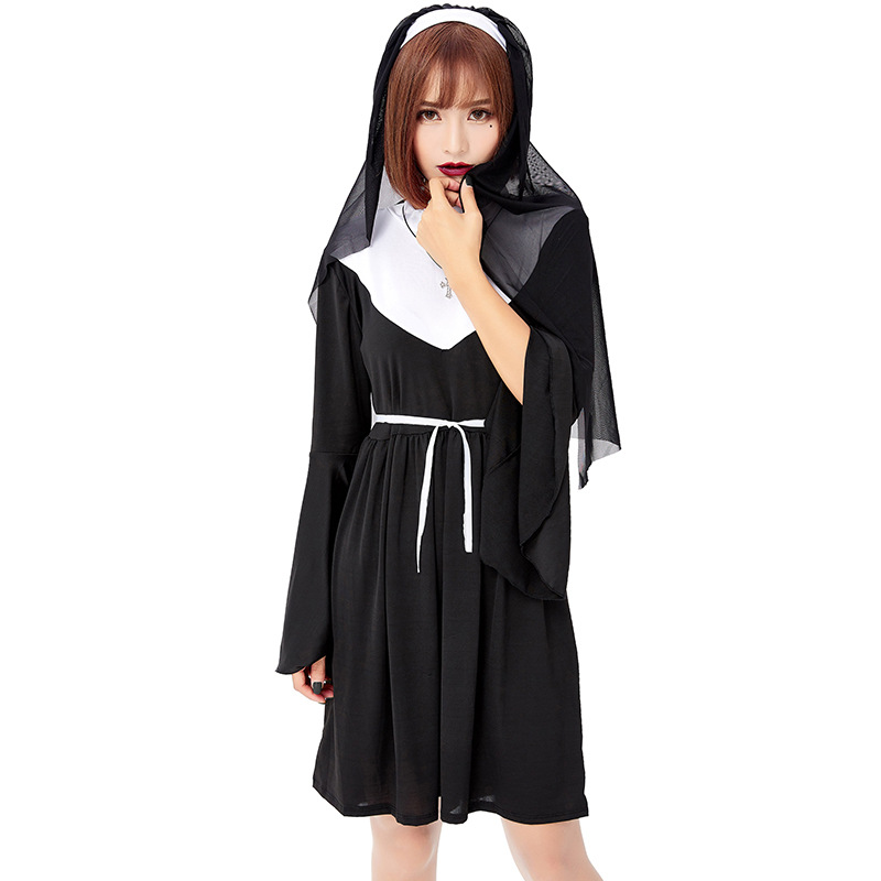 Halloween Nun's Habits 2021 Adult Choir Black Nun's Dress Cosplay Party Costume Game Costume