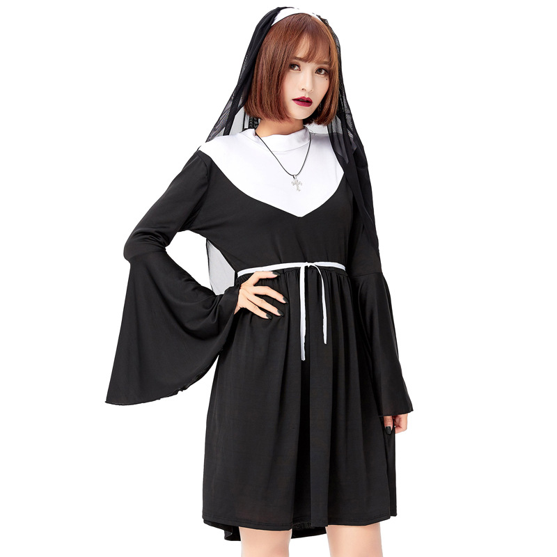 Halloween Nun's Habits 2021 Adult Choir Black Nun's Dress Cosplay Party Costume Game Costume