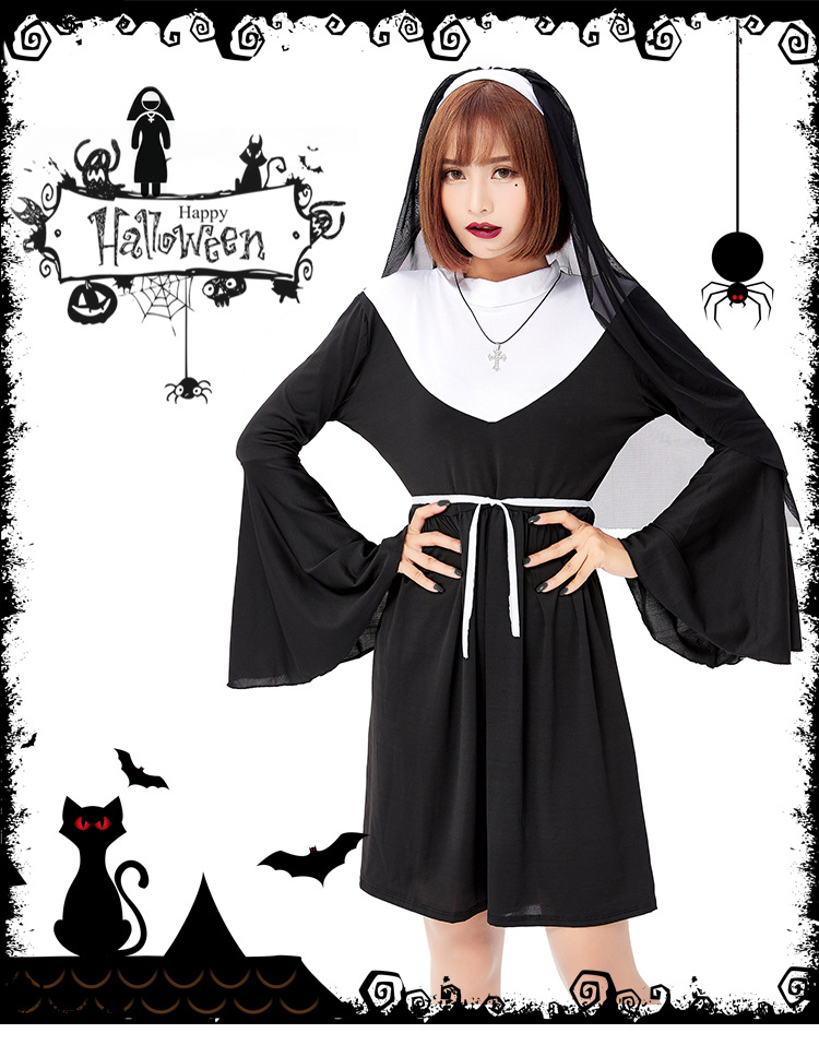 Halloween Nun's Habits 2021 Adult Choir Black Nun's Dress Cosplay Party Costume Game Costume