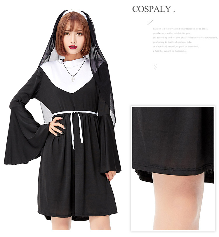 Halloween Nun's Habits 2021 Adult Choir Black Nun's Dress Cosplay Party Costume Game Costume