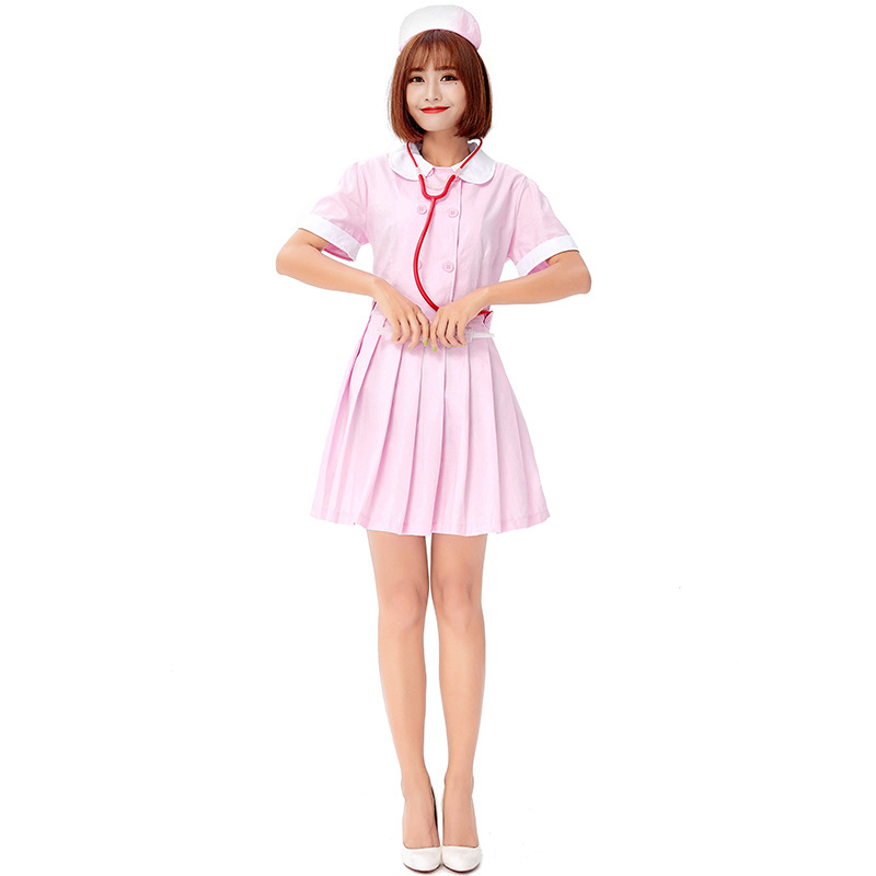 Halloween Sweet and Cute Nurse Costume Role-Playing Pink and White Adult Nurse Dress with Peter Pan Collar