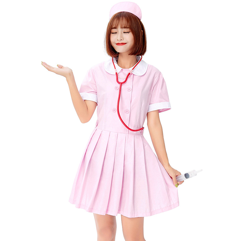 Halloween Sweet and Cute Nurse Costume Role-Playing Pink and White Adult Nurse Dress with Peter Pan Collar