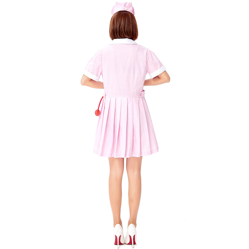 Halloween Sweet and Cute Nurse Costume Role-Playing Pink and White Adult Nurse Dress with Peter Pan Collar