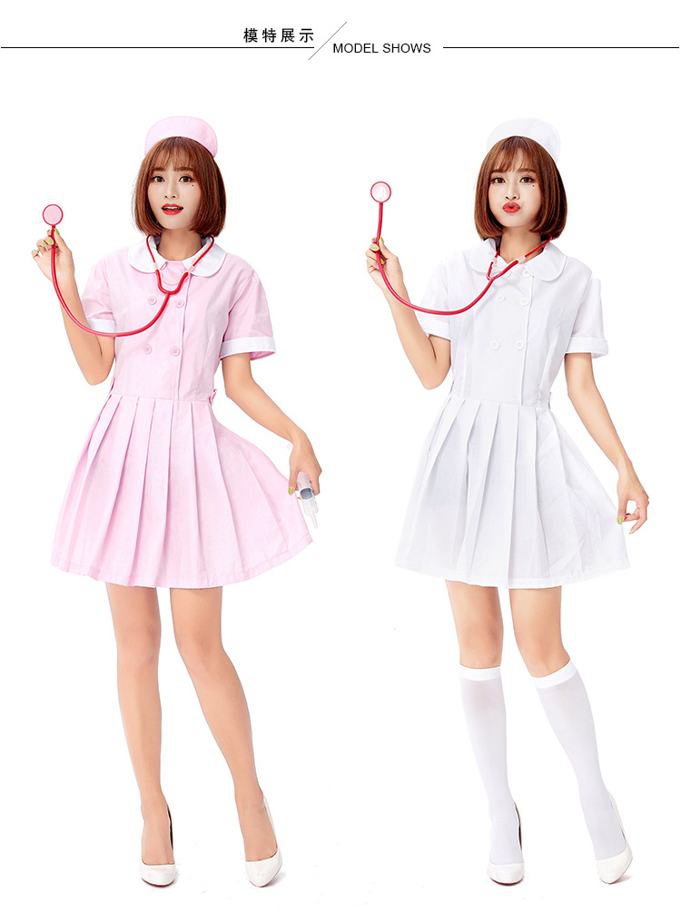 Halloween Sweet and Cute Nurse Costume Role-Playing Pink and White Adult Nurse Dress with Peter Pan Collar