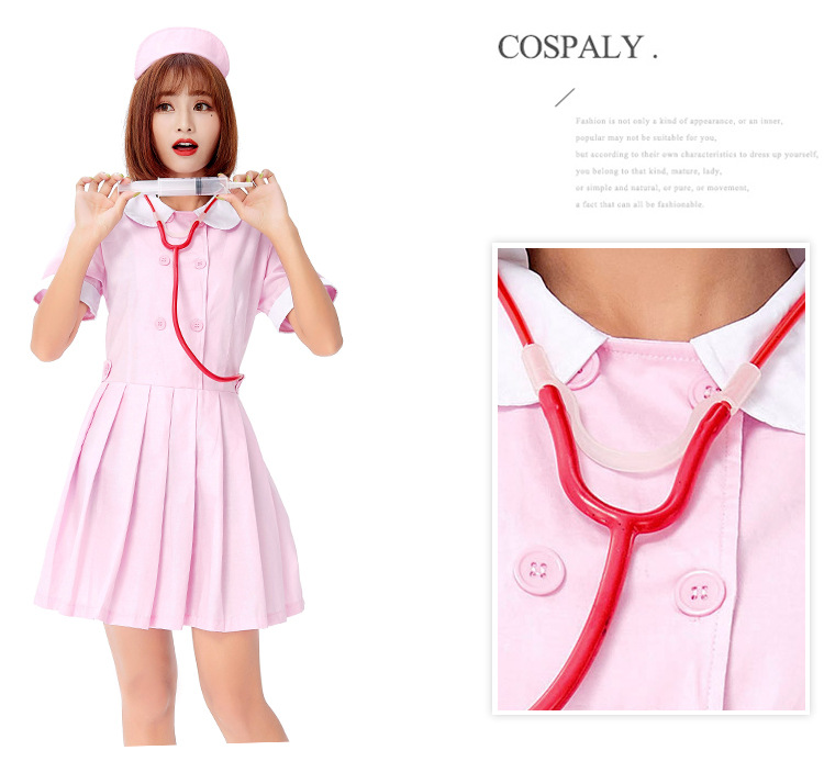 Halloween Sweet and Cute Nurse Costume Role-Playing Pink and White Adult Nurse Dress with Peter Pan Collar