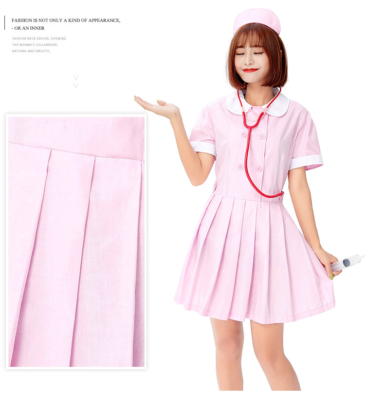 Halloween Sweet and Cute Nurse Costume Role-Playing Pink and White Adult Nurse Dress with Peter Pan Collar