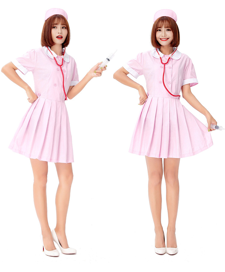 Halloween Sweet and Cute Nurse Costume Role-Playing Pink and White Adult Nurse Dress with Peter Pan Collar