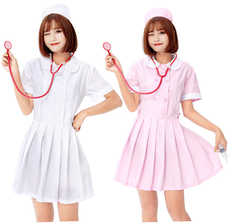 Halloween Sweet and Cute Nurse Costume Role-Playing Pink and White Adult Nurse Dress with Peter Pan Collar
