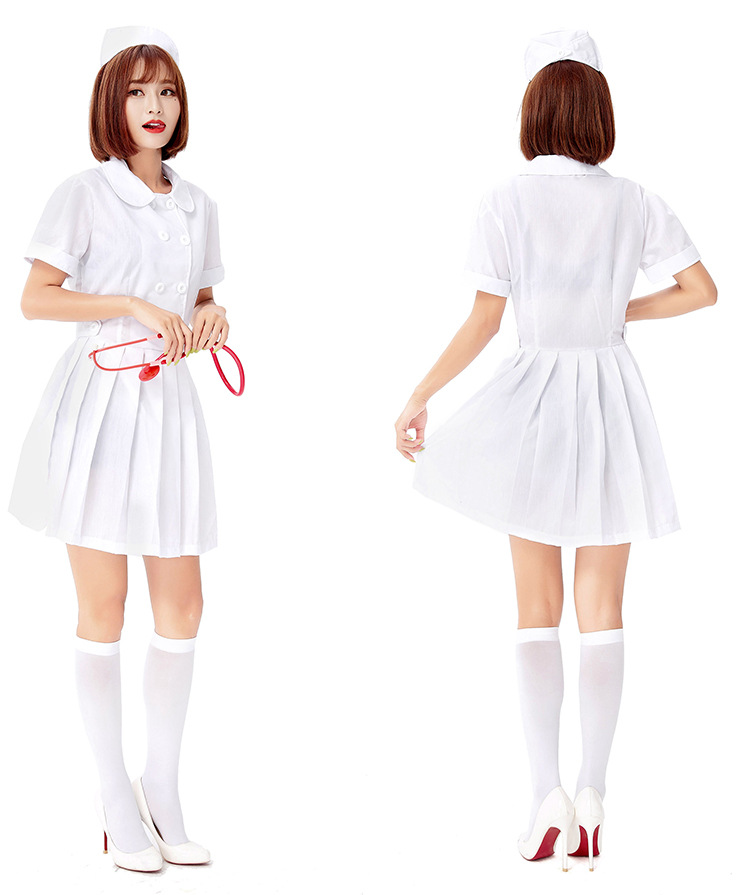 Halloween Sweet and Cute Nurse Costume Role-Playing Pink and White Adult Nurse Dress with Peter Pan Collar