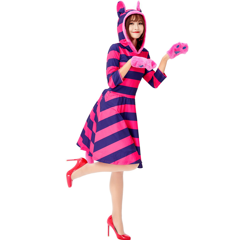 Halloween costume, Alice in Wonderland, smiling cat, purple striped cat cosplay