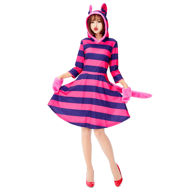 Halloween costume, Alice in Wonderland, smiling cat, purple striped cat cosplay