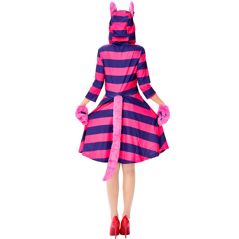 Halloween costume, Alice in Wonderland, smiling cat, purple striped cat cosplay