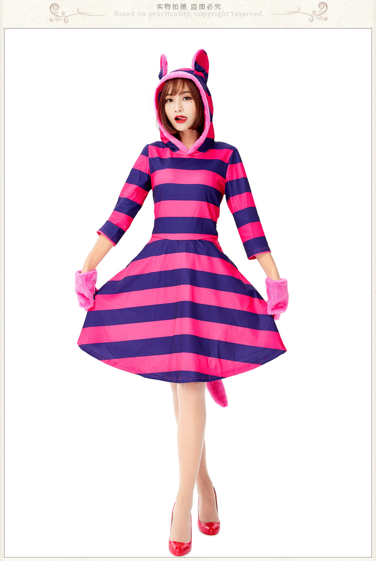 Halloween costume, Alice in Wonderland, smiling cat, purple striped cat cosplay