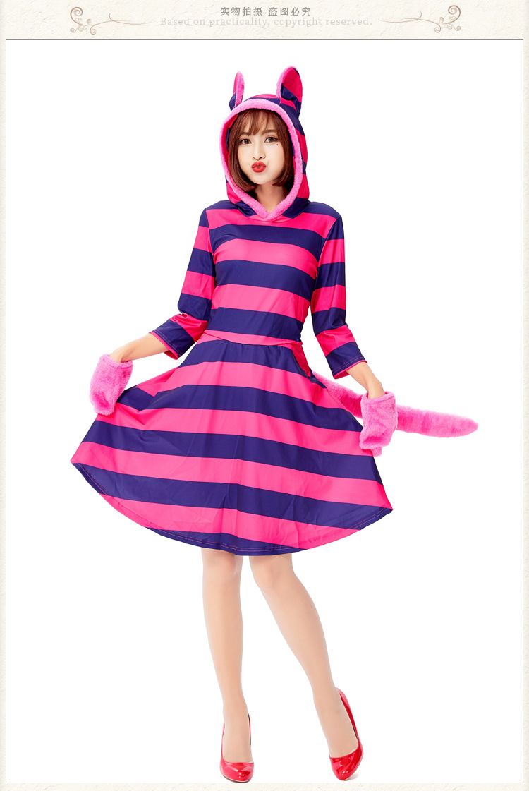 Halloween costume, Alice in Wonderland, smiling cat, purple striped cat cosplay