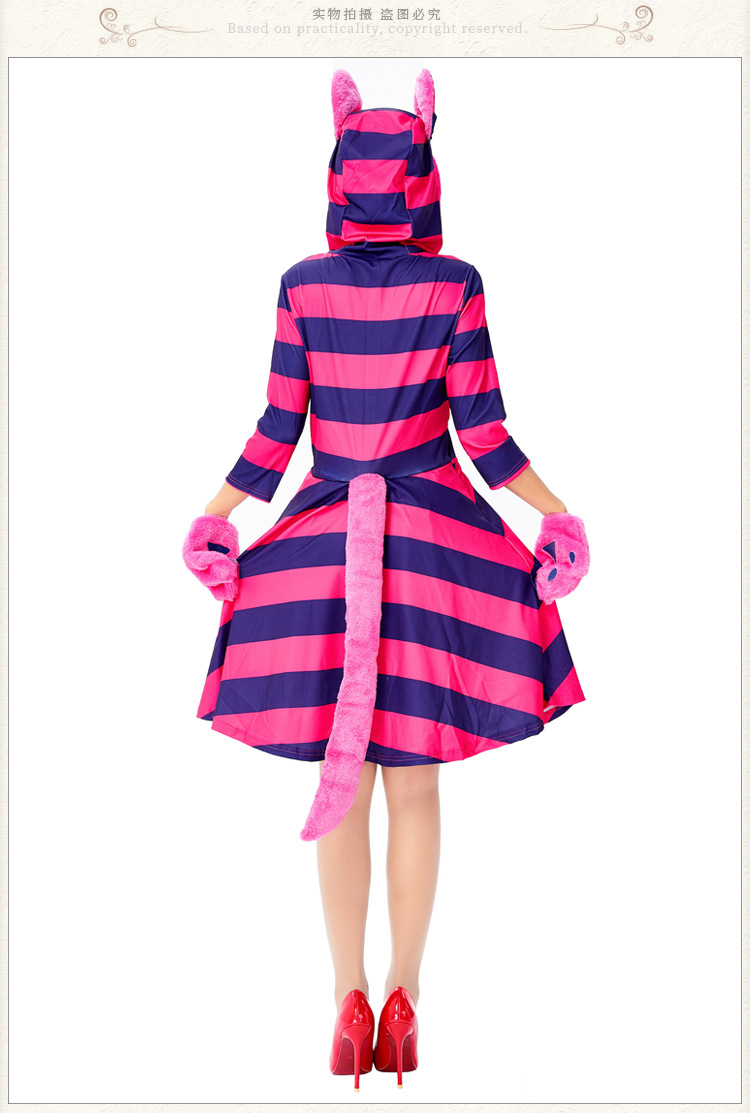 Halloween costume, Alice in Wonderland, smiling cat, purple striped cat cosplay