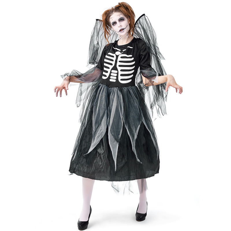 Halloween party costume, adult zombie skeleton print fallen angel bodysuit mesh dress