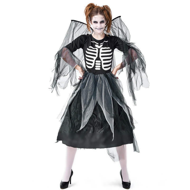 Halloween party costume, adult zombie skeleton print fallen angel bodysuit mesh dress