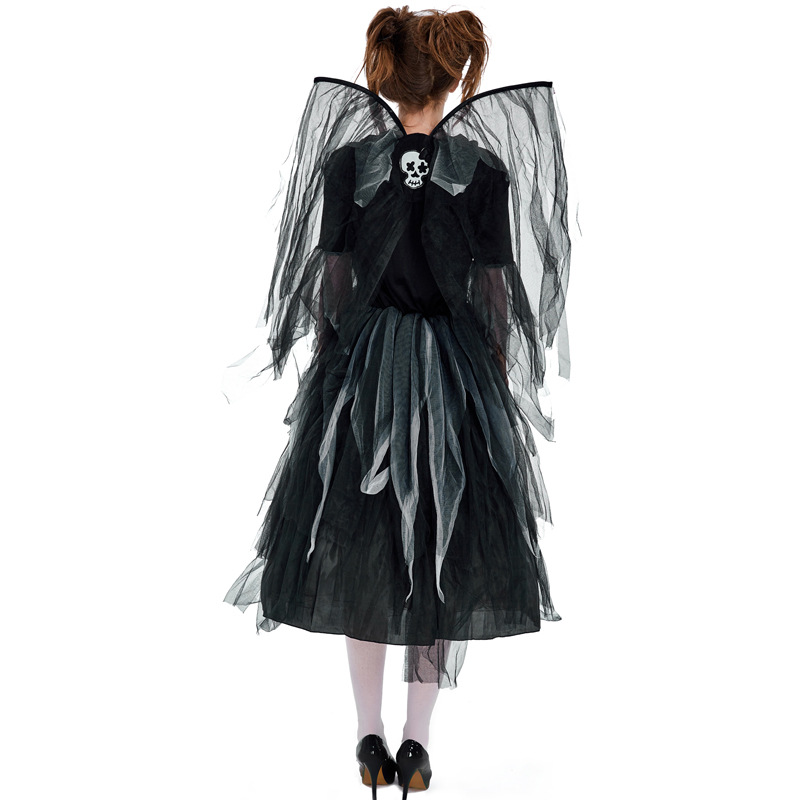 Halloween party costume, adult zombie skeleton print fallen angel bodysuit mesh dress