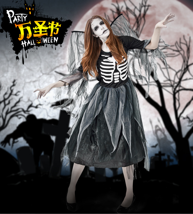Halloween party costume, adult zombie skeleton print fallen angel bodysuit mesh dress