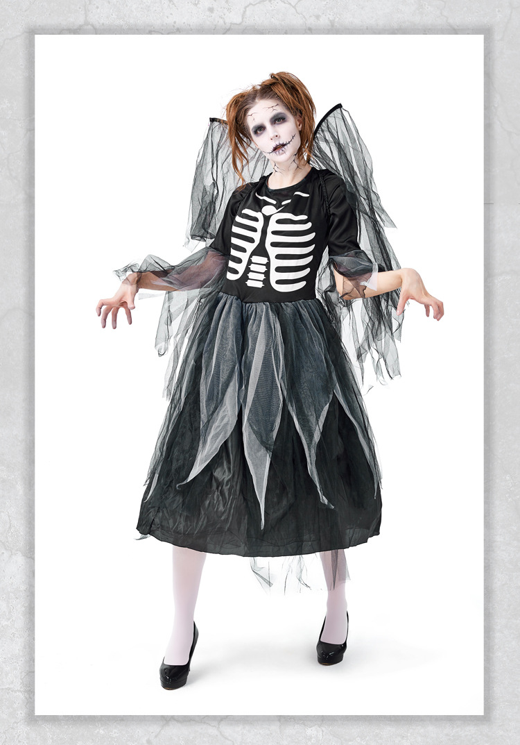 Halloween party costume, adult zombie skeleton print fallen angel bodysuit mesh dress