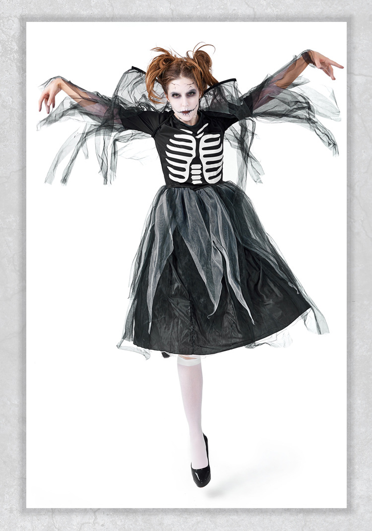 Halloween party costume, adult zombie skeleton print fallen angel bodysuit mesh dress