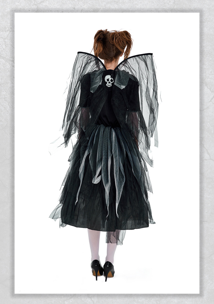 Halloween party costume, adult zombie skeleton print fallen angel bodysuit mesh dress