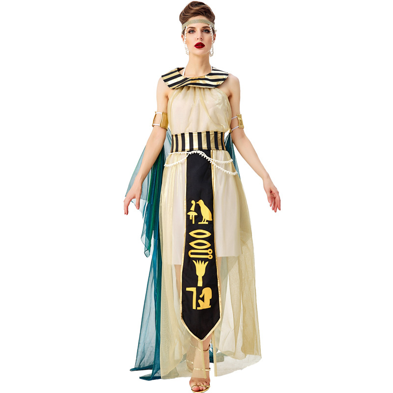 Halloween cosplay of Cleopatra, the Egyptian pharaoh and queen, in a stage opera costume.