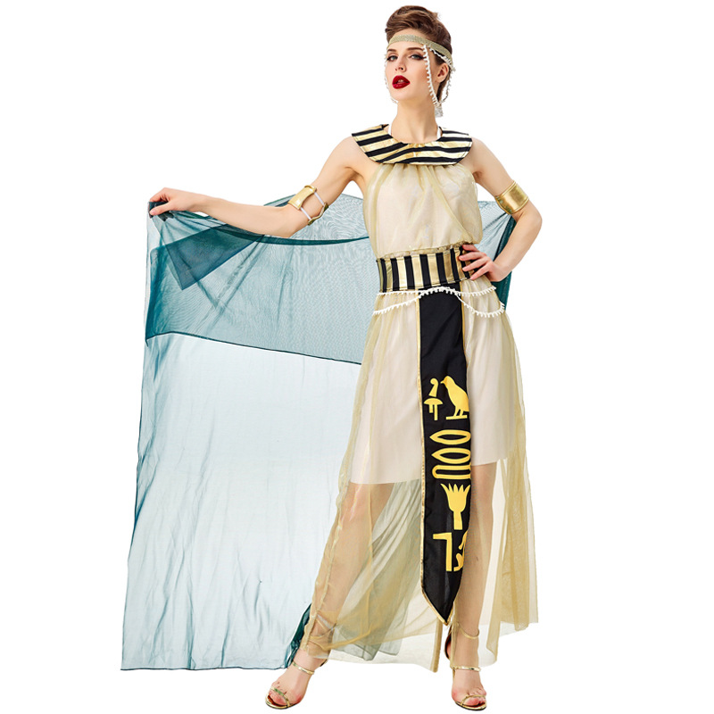 Halloween cosplay of Cleopatra, the Egyptian pharaoh and queen, in a stage opera costume.