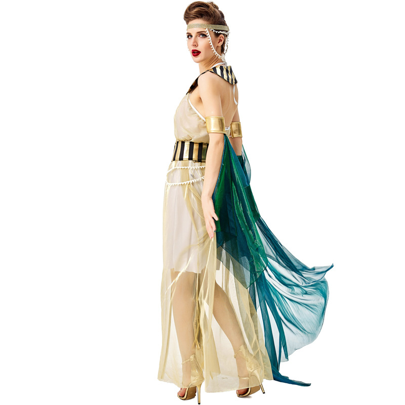 Halloween cosplay of Cleopatra, the Egyptian pharaoh and queen, in a stage opera costume.