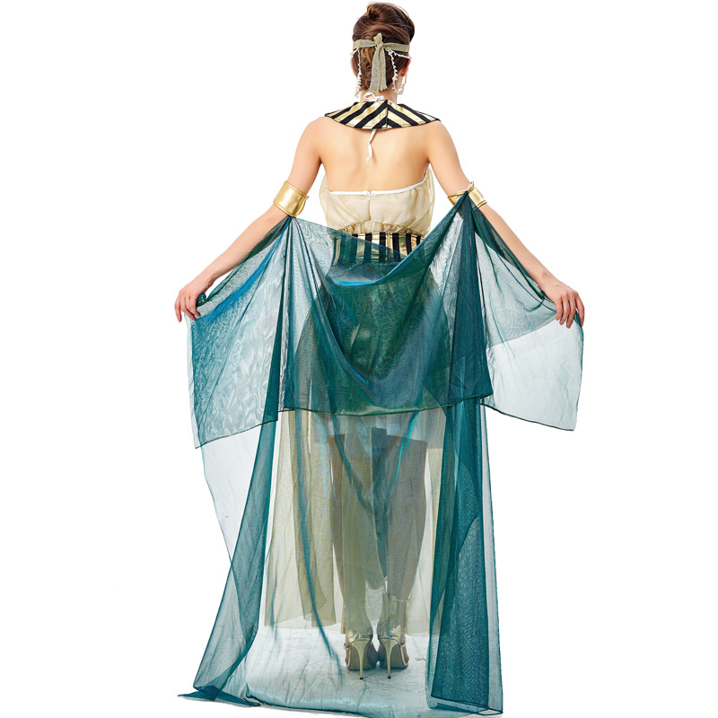 Halloween cosplay of Cleopatra, the Egyptian pharaoh and queen, in a stage opera costume.