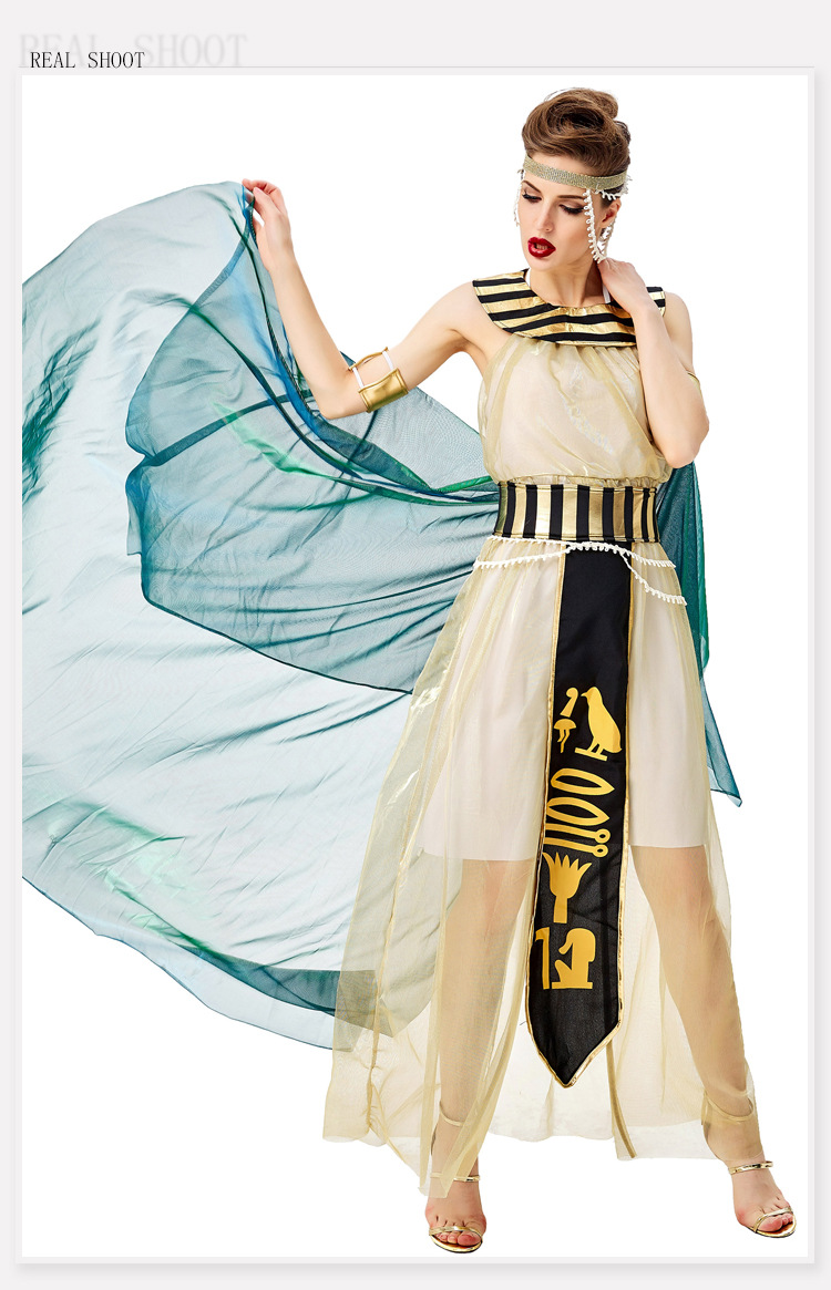 Halloween cosplay of Cleopatra, the Egyptian pharaoh and queen, in a stage opera costume.