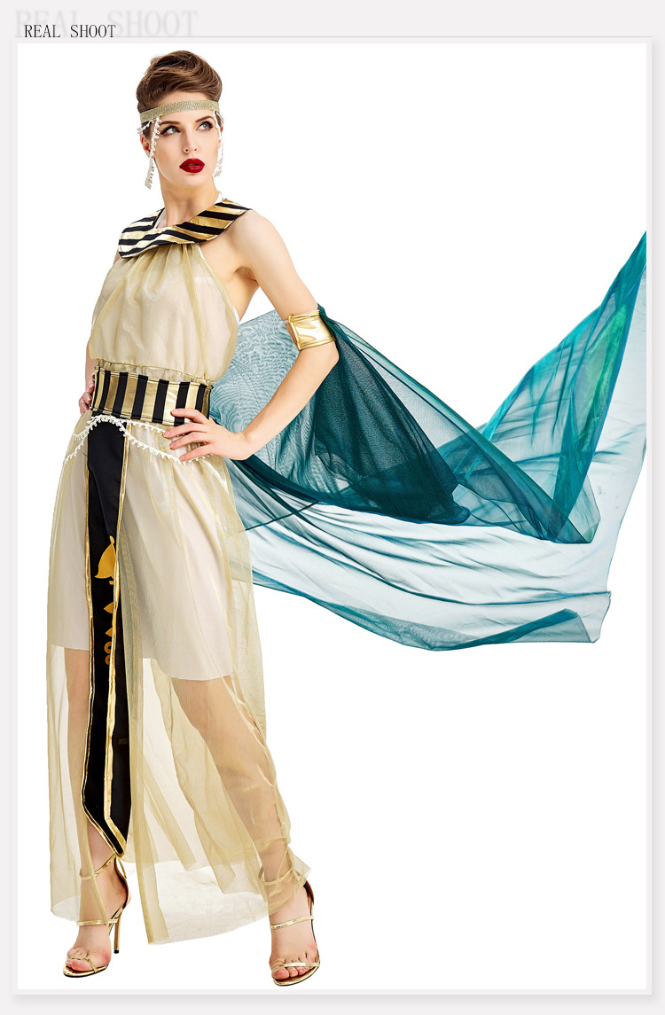 Halloween cosplay of Cleopatra, the Egyptian pharaoh and queen, in a stage opera costume.