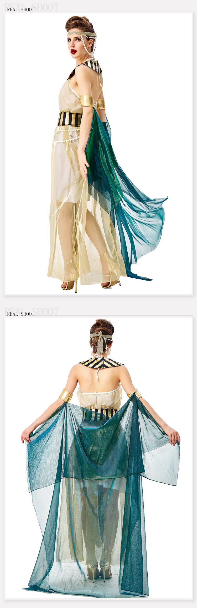 Halloween cosplay of Cleopatra, the Egyptian pharaoh and queen, in a stage opera costume.