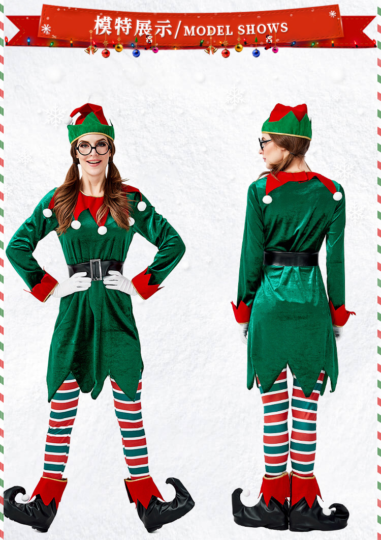 Adult women's Christmas elf dress set, Christmas and Halloween party stage costume