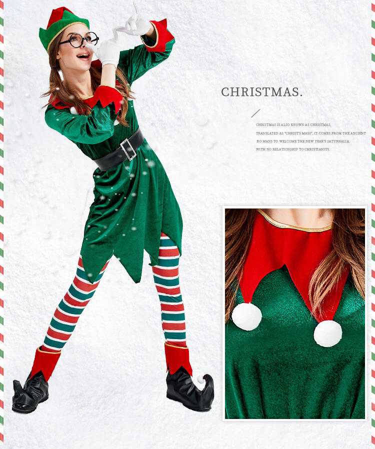 Adult women's Christmas elf dress set, Christmas and Halloween party stage costume